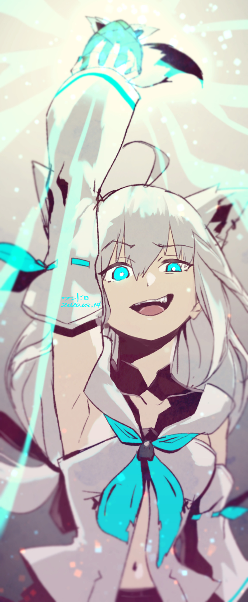 1girl, absurdres, ahoge, animal_ears, arm_up, armpits, bangs, blue_neckwear