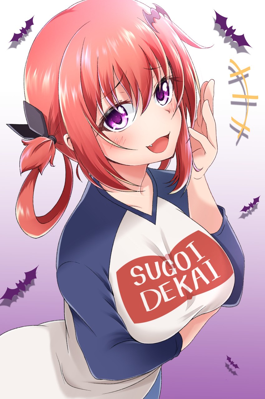 1girl, absurdres, bat_hair_ornament, black_ribbon, blush, breasts, clothes_writing, commentary_request