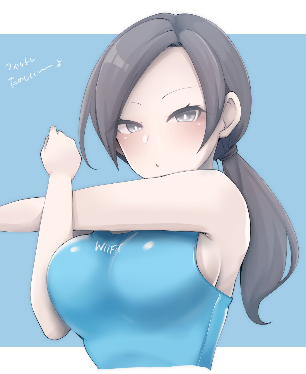 1girl, bangs, bare_shoulders, black_hair, blue_background, blush, breasts, chiji_komari