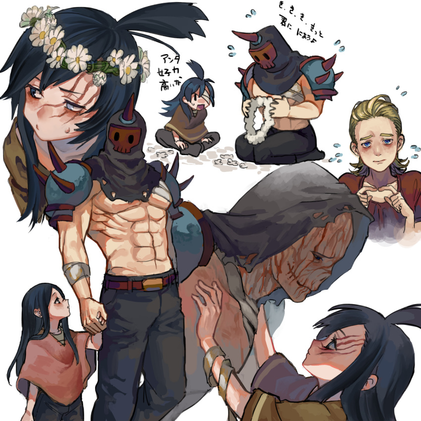 1boy, 1girl, abs, age_difference, armor, arms_up, bandage_over_one_eye, bandaged_arm