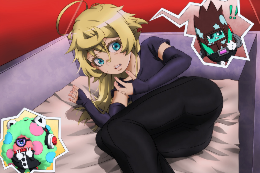 !!, 1boy, 2girls, afro, ahoge, aqua_eyes, arm_warmers, ass
