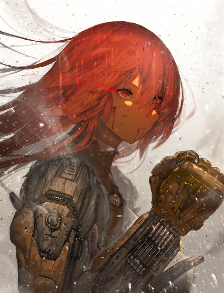 1girl, blood, blood_on_face, clenched_hand, commentary_request, cyborg, damaged, kazunari_(prawn10231), long_hair, mechanical_parts, original, partial_commentary, prosthesis, red_eyes, redhead, science_fiction, solo, steampunk