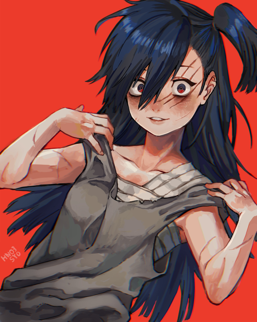 1girl, artist_name, bags_under_eyes, bangs, black_hair, buddy_(lisa), collarbone, crazy_eyes