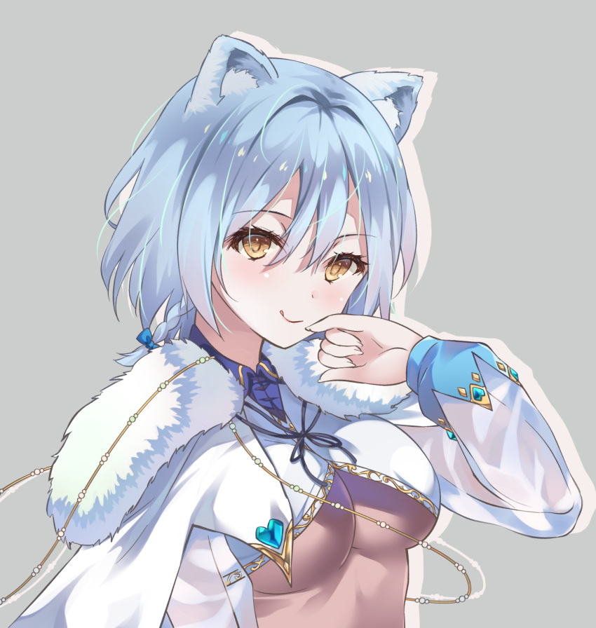 1girl, animal_ear_fluff, animal_ears, bangs, braid, breasts, capelet, cat_ears