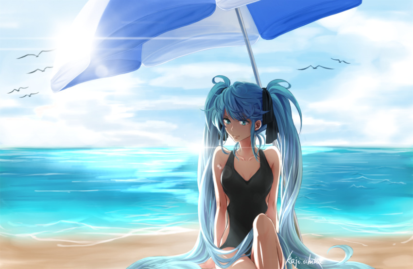 1girl, aqua_eyes, aqua_hair, baconlost, bird, black_ribbon, black_swimsuit, commentary