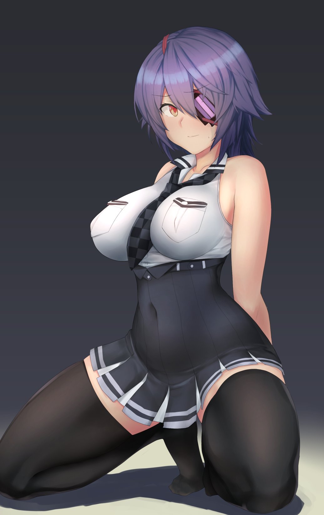 1girl, black_background, black_legwear, black_skirt, breasts, checkered, checkered_neckwear, dress_shirt