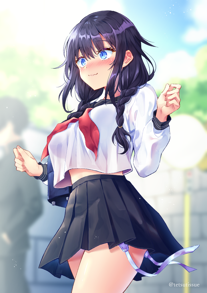1girl, bag, black_hair, black_skirt, blue_eyes, blurry, blush, braid