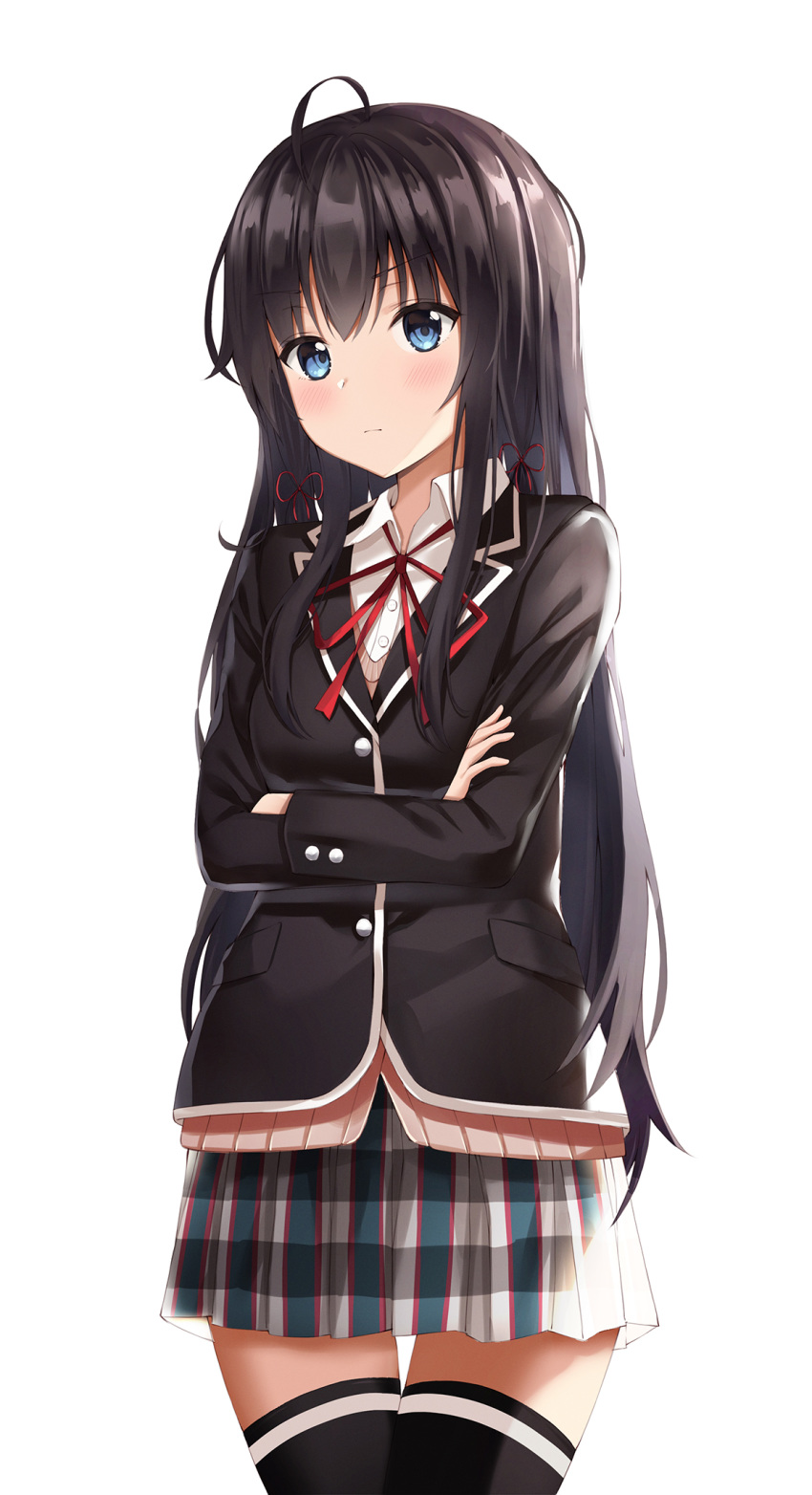 1girl, ahoge, bangs, black_hair, black_legwear, blue_eyes, blush, breasts