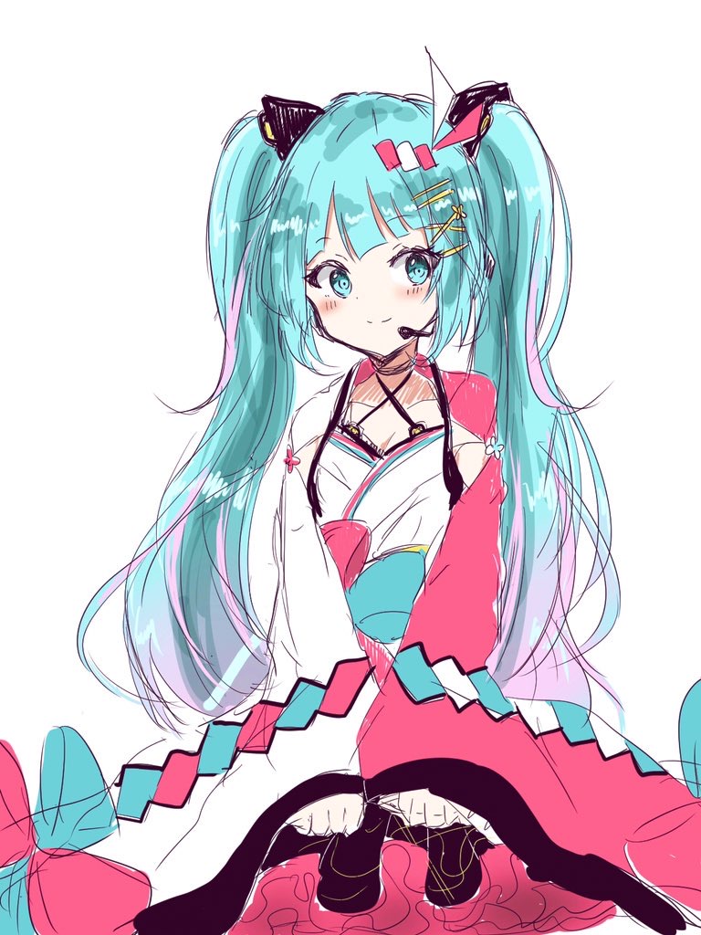 1girl, aqua_eyes, aqua_hair, blush, commentary, cowboy_shot, hands_together, hatsune_miku, headset, japanese_clothes, kimono, long_hair, magical_mirai_(vocaloid), mk2_mirara, pink_kimono, sketch, smile, solo, twintails, very_long_hair, vocaloid, white_background, white_kimono, yukata