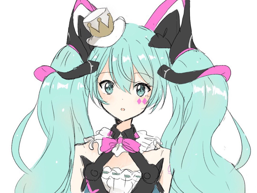 1girl, :o, aqua_eyes, aqua_hair, black_dress, bow, bowtie, commentary