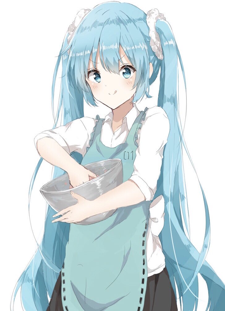 1girl, :p, apron, aqua_apron, black_skirt, cooking, cowboy_shot, frilled_apron