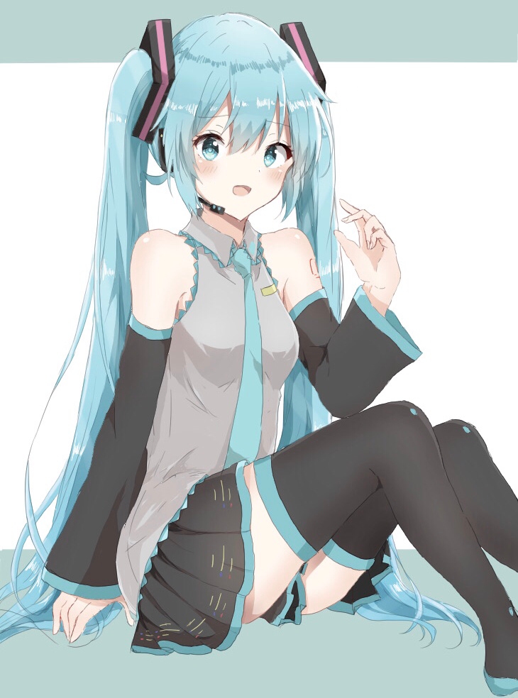 1girl, aqua_eyes, aqua_hair, aqua_neckwear, bare_shoulders, black_legwear, black_skirt, black_sleeves