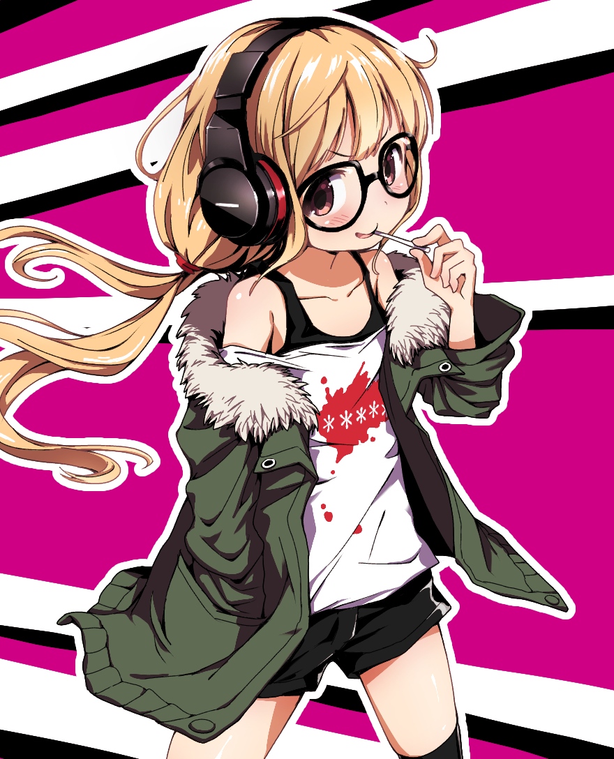 1girl, bespectacled, blonde_hair, candy, cosplay, food, fur_collar, futaba_anzu, glasses, hand_in_pocket, idolmaster, idolmaster_cinderella_girls, lollipop, long_hair, low_twintails, off_shoulder, persona, persona_5, sakura_futaba, sakura_futaba_(cosplay), shorts, solo, striped, striped_background, tadanoshi_kabane, twintails