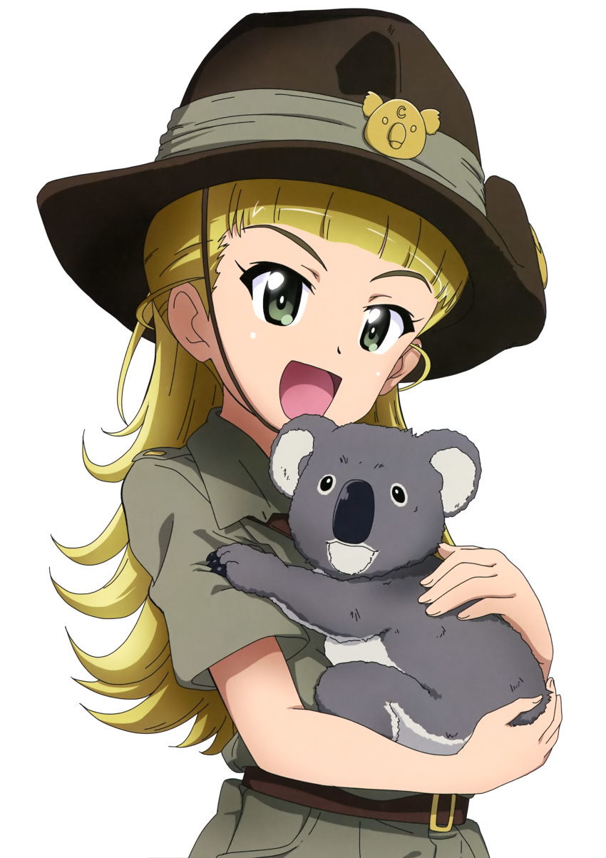 1girl, :d, absurdres, animal, bangs, belt, blonde_hair, blunt_bangs