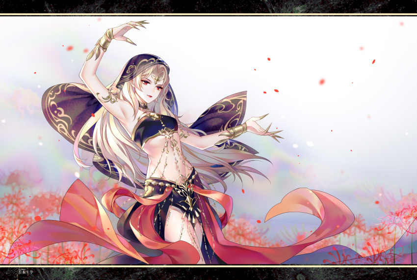 1girl, absurdres, arm_up, armlet, blonde_hair, bracelet, breasts, choker, claws, dancer, dancing, field, flower, flower_field, gold, gold_trim, highres, jewelry, letter, long_hair, midriff, original, petals, red_eyes, ruohua, small_breasts, solo, spider_lily, veil