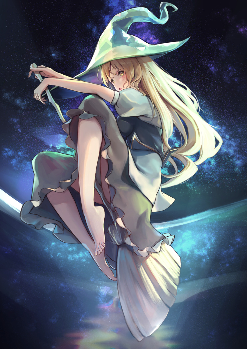 1girl, absurdres, apron, barefoot, black_dress, blonde_hair, bow, braid