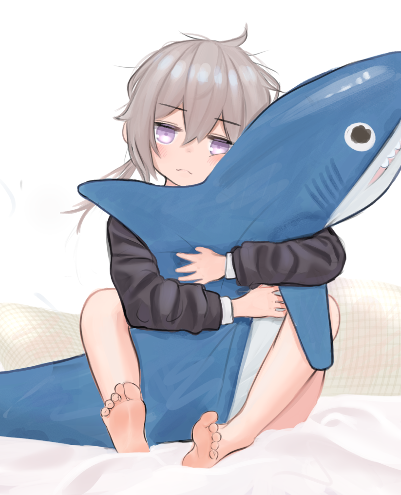 1girl, barefoot, blush, closed_mouth, commentary, feet, girls_frontline, grey_hair
