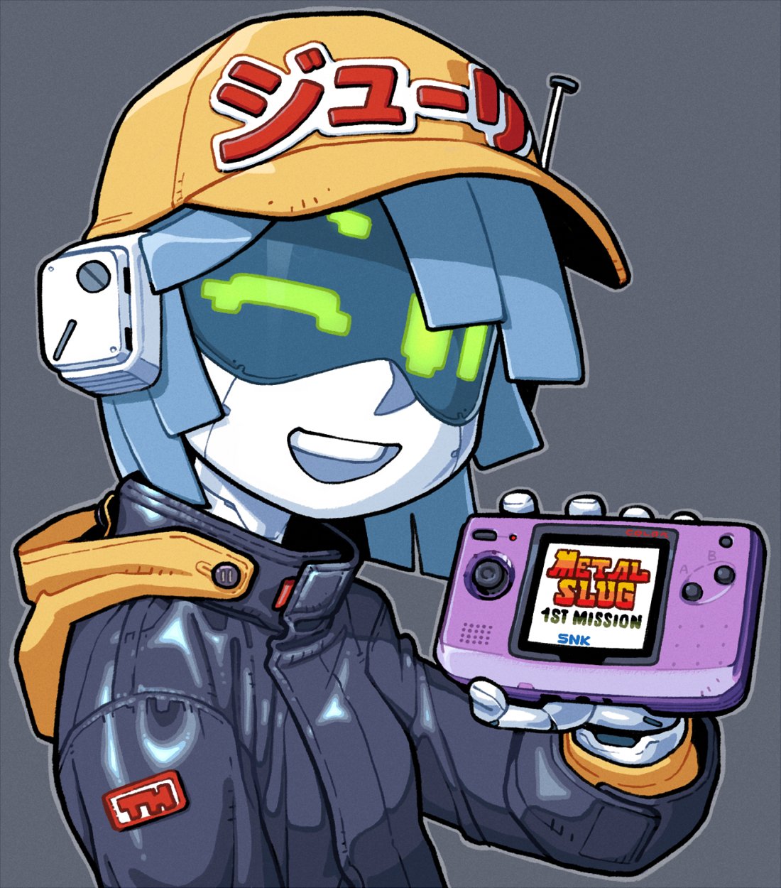 1girl, baseball_cap, blue_hair, cameron_sewell, english_commentary, game_console, green_eyes, handheld_game_console, hat, highres, holding, holding_handheld_game_console, jacket, joulie, leather, leather_jacket, metal_slug, neo_geo_pocket_color, no_humans, one_eye_closed, open_mouth, original, robot, smile, solo, visor
