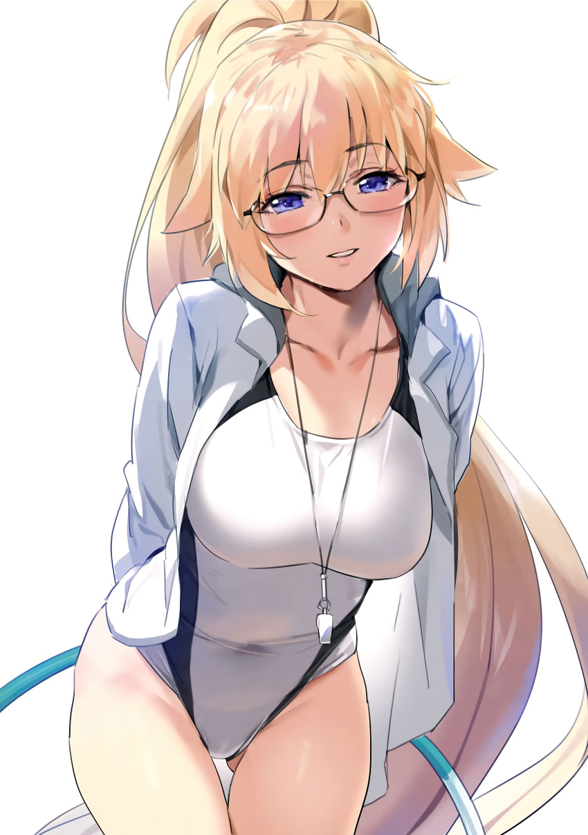 1girl, absurdres, arms_behind_back, ass_visible_through_thighs, bangs, bespectacled, blonde_hair, blue_eyes