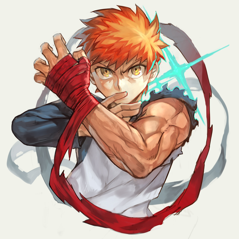 1boy, beige_background, biceps, cropped_torso, emiya_shirou, fate/stay_night, fate_(series), gleam