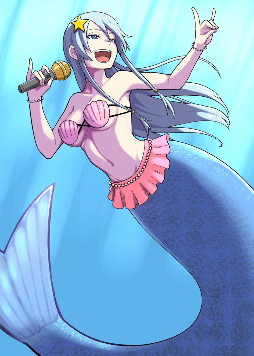 1girl, :d, \n/, bangs, belly_chain, bikini, blue_eyes, bracelet