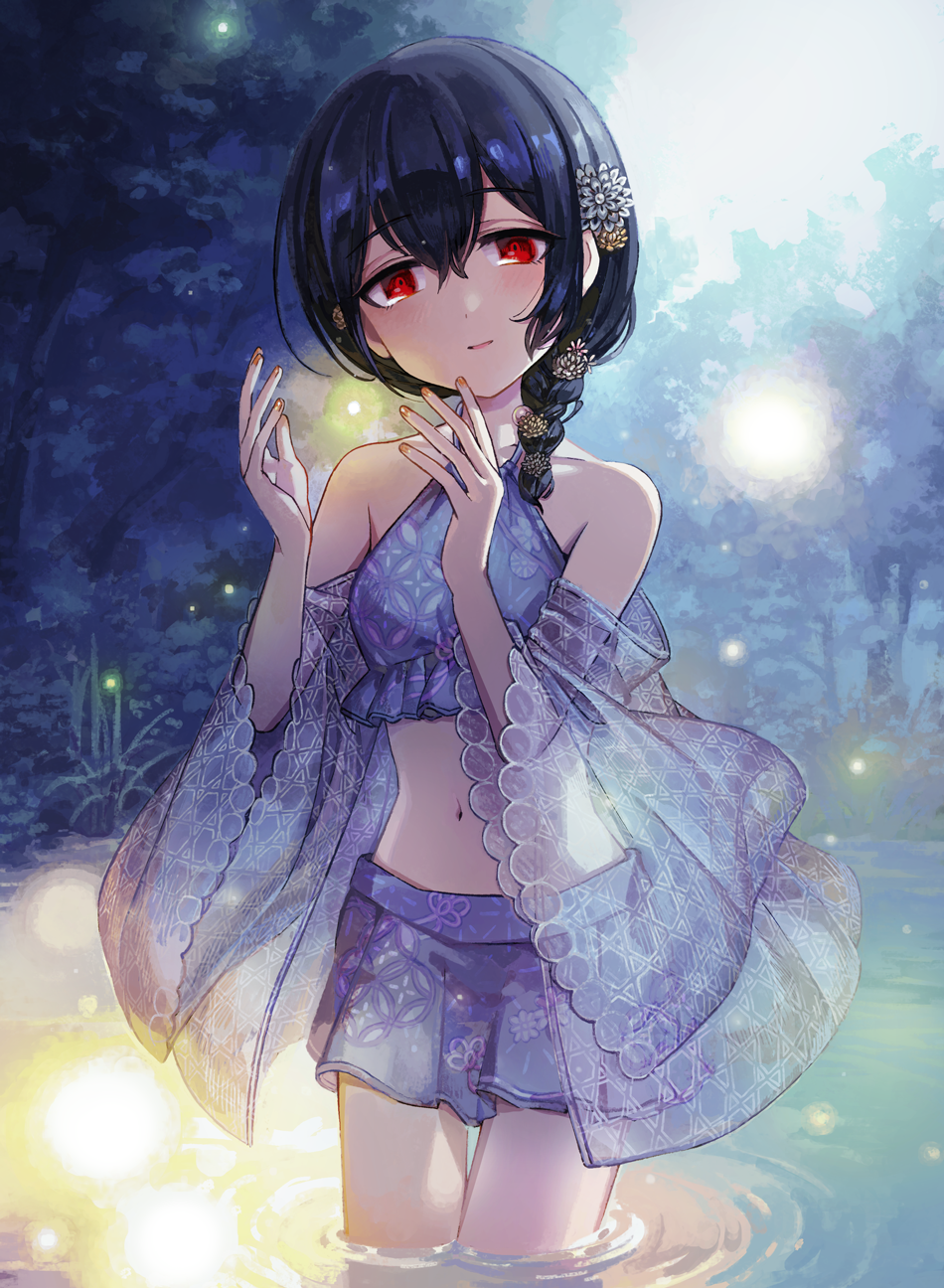 1girl, :d, bangs, bare_shoulders, bikini_skirt, black_hair, blush, braid