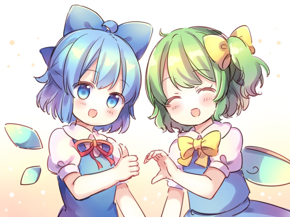 2girls, ahoge, blue_bow, blue_dress, blue_eyes, blue_hair, blush, bow