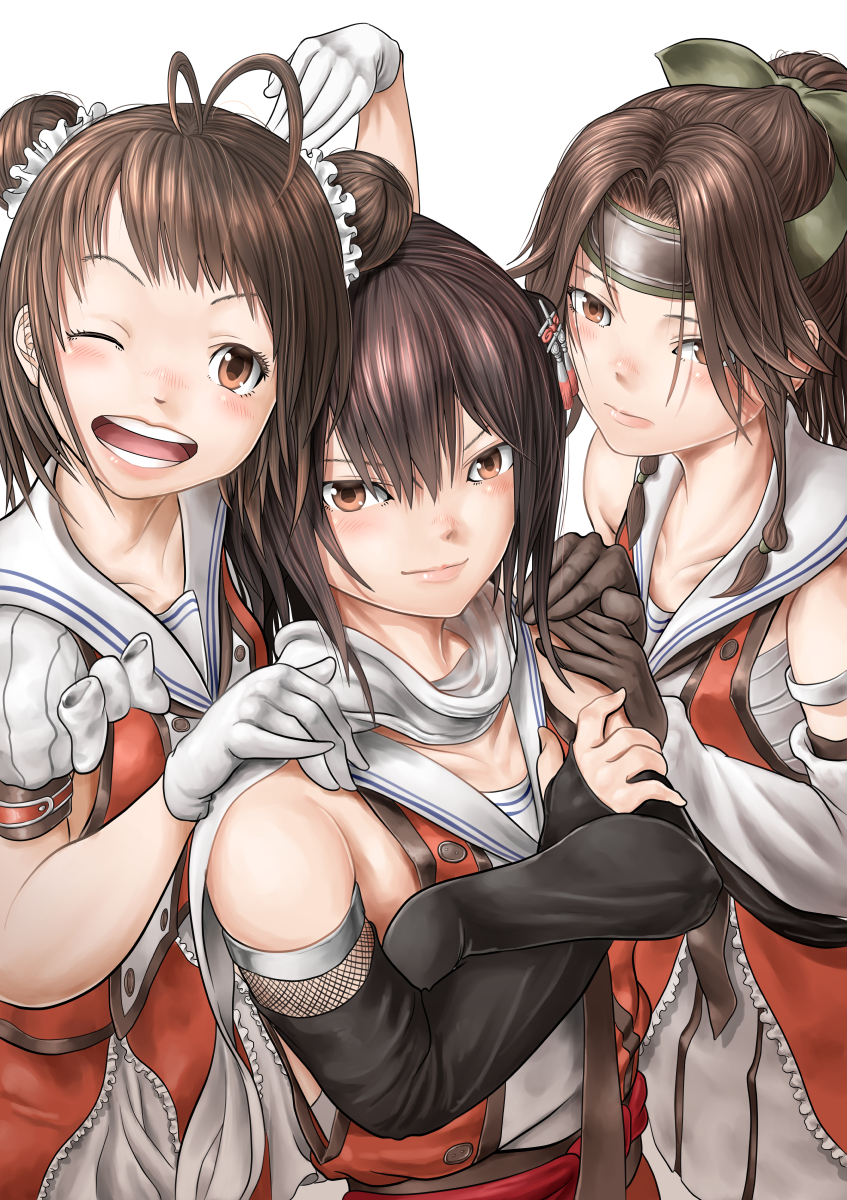 3girls, antenna_hair, black_gloves, bow, brown_eyes, brown_hair, double-breasted, double_bun