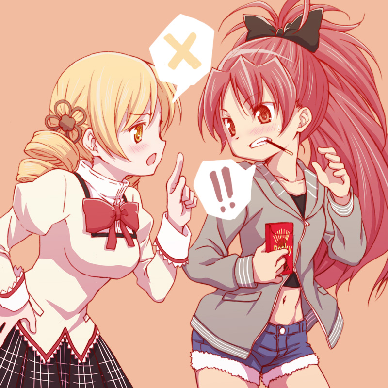 !, !!, 2girls, black_bow, black_skirt, blonde_hair, blue_shorts, bow