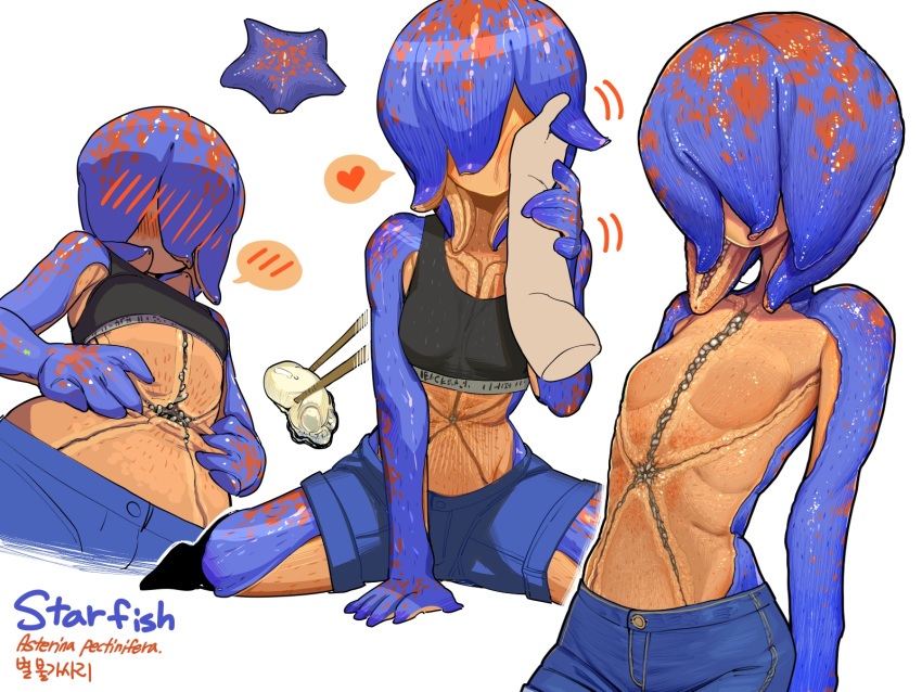 1boy, androgynous, blue_shorts, blue_skin, blush, chopsticks, disembodied_limb, extra_mouth