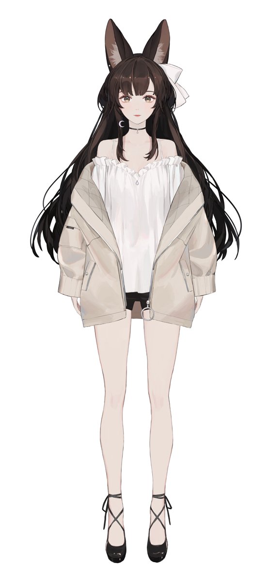 1girl, animal_ear_fluff, animal_ears, bangs, bare_legs, bare_shoulders, black_choker, black_footwear
