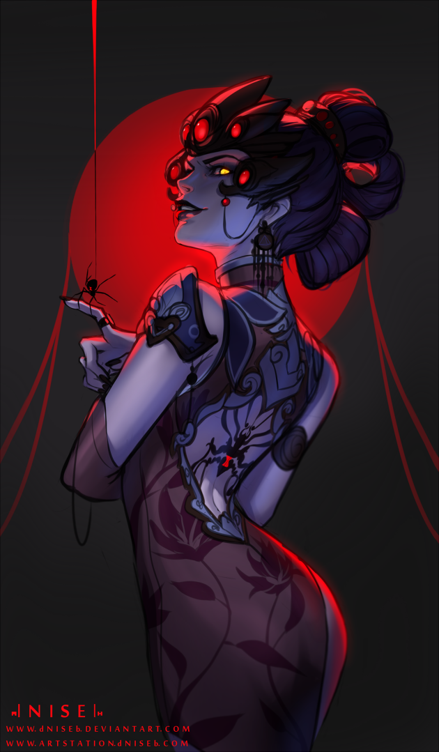 1girl, alternate_costume, alternate_hairstyle, bare_shoulders, black_lily_widowmaker, black_lipstick, bug, china_dress