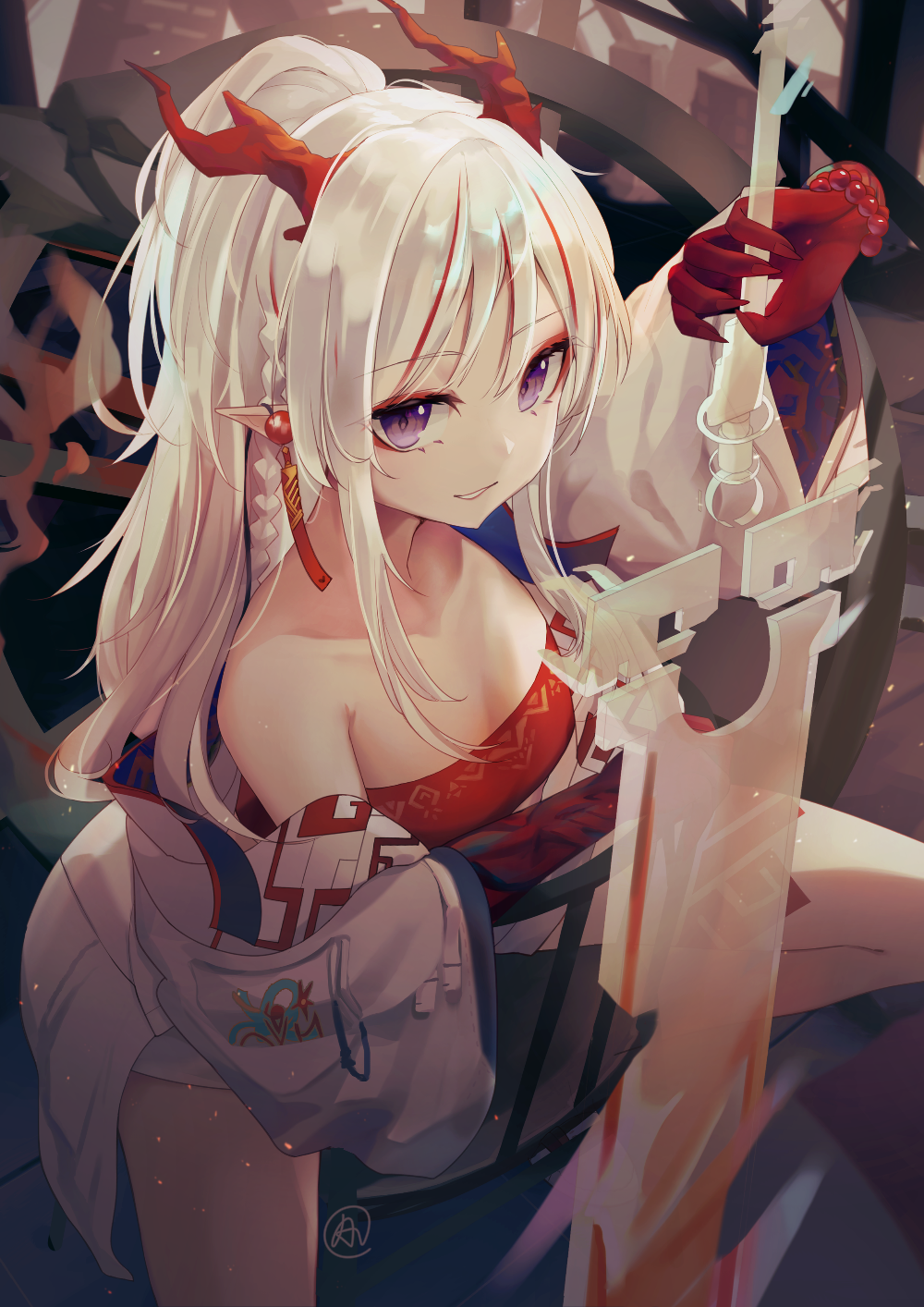 1girl, aftergardens, arknights, bandeau, bangs, bare_shoulders, bead_bracelet, beads