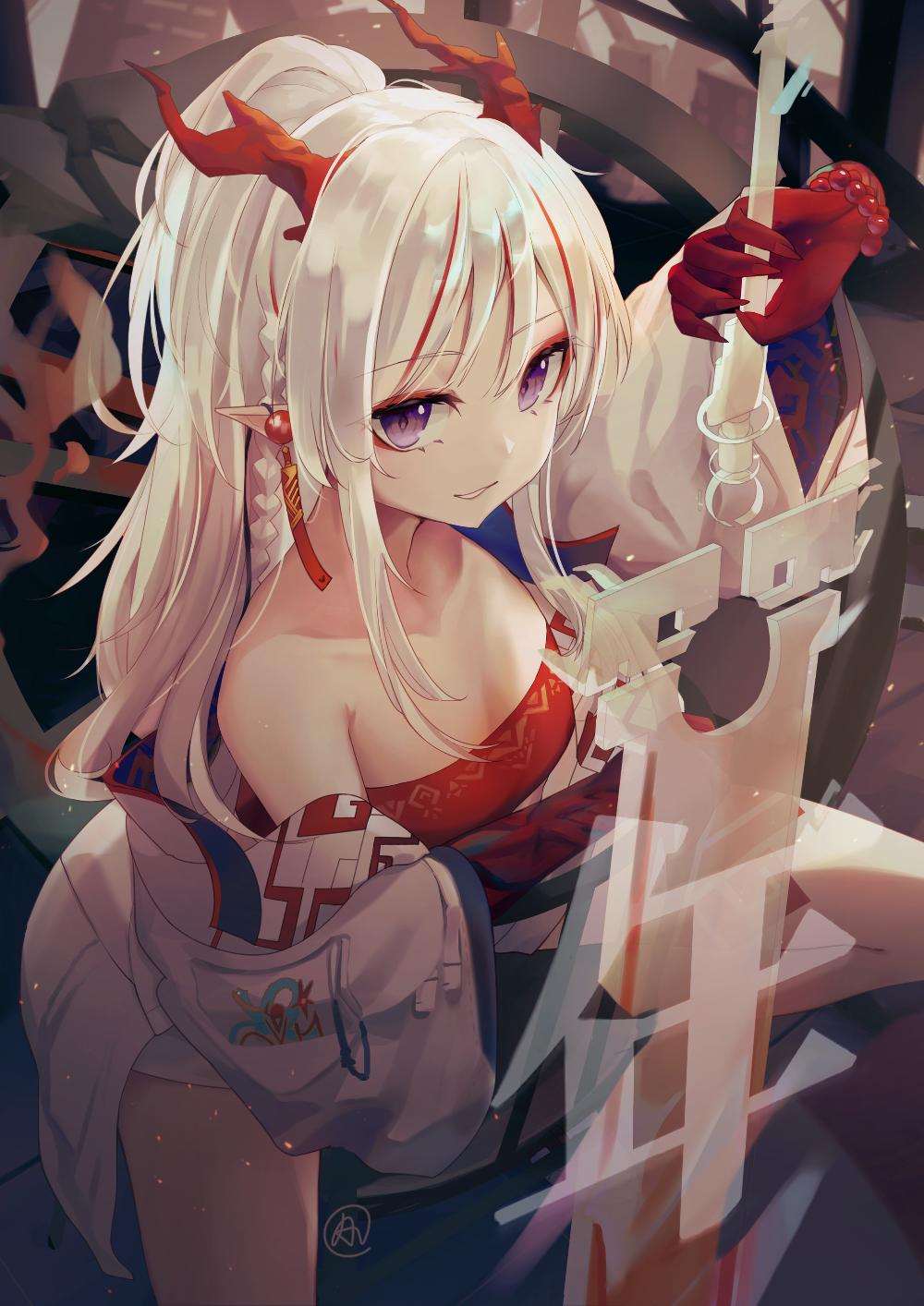 1girl, aftergardens, arknights, bandeau, bangs, bare_shoulders, bead_bracelet, beads