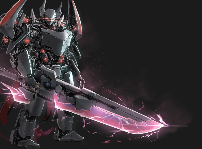 absurdres, black_background, english_commentary, extra_eyes, glowing, glowing_eyes, highres, holding, holding_sword, holding_weapon, horns, looking_at_viewer, mecha, no_humans, open_hand, original, red_eyes, simple_background, solo, sword, takuan_(a_mood_home), weapon