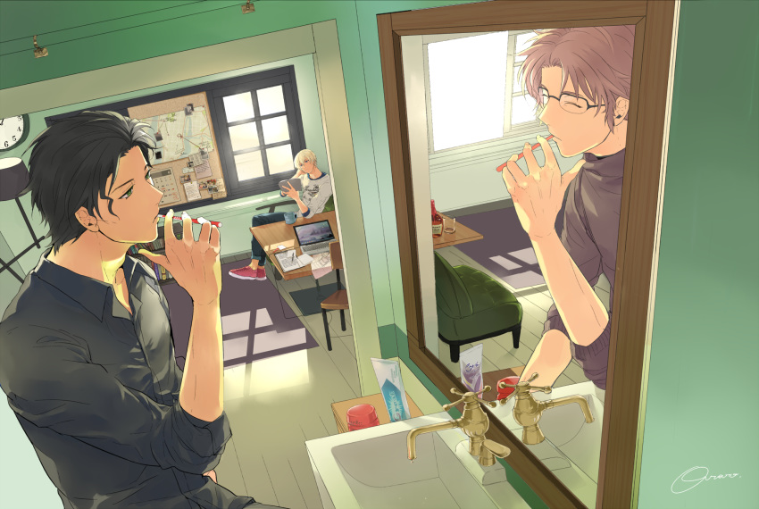 3boys, akai_shuuichi, amuro_tooru, bathroom, black-framed_eyewear, black_hair, black_shirt, blue_pants