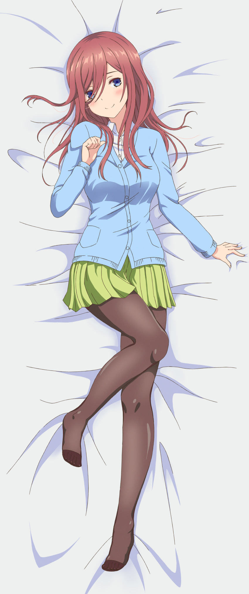 1girl, absurdres, arm_support, bangs, black_legwear, blue_cardigan, blue_eyes, blush