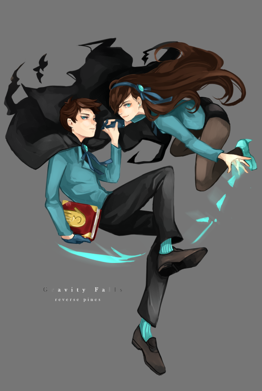 1boy, 1girl, alternate_universe, aqua_vest, black_shirt, blue_eyes, blue_vest, book
