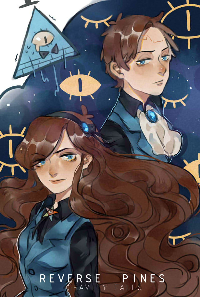 1boy, 1girl, alternate_universe, aqua_vest, blue_eyes, brother_and_sister, brown_hair, dark_persona, dipper_gleeful, disney, evil, facial_mark, forehead_mark, gravity_falls, jungujun, mabel_gleeful, reverse_pines, siblings, triangle, will_cipher