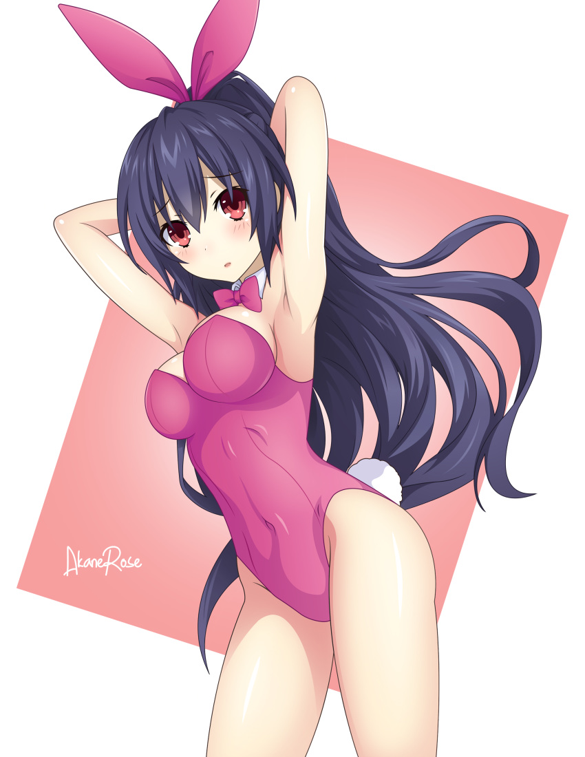 1girl, absurdres, akane_rose, alternate_costume, alternate_hairstyle, animal_ears, armpits, arms_behind_head