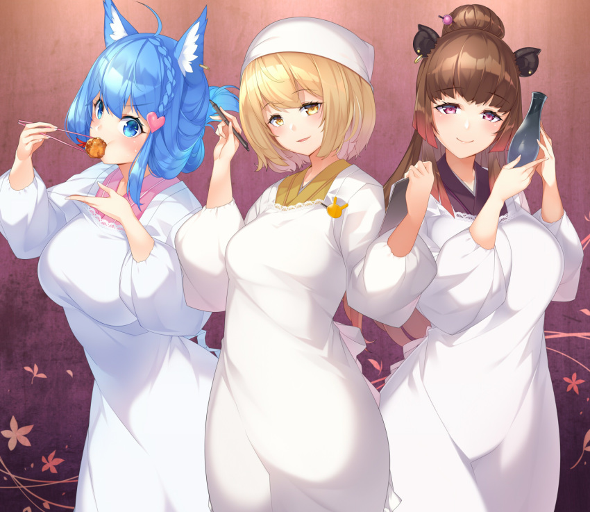 3girls, ahoge, alcohol, animal_ear_fluff, animal_ears, animare, bangs, black_kimono