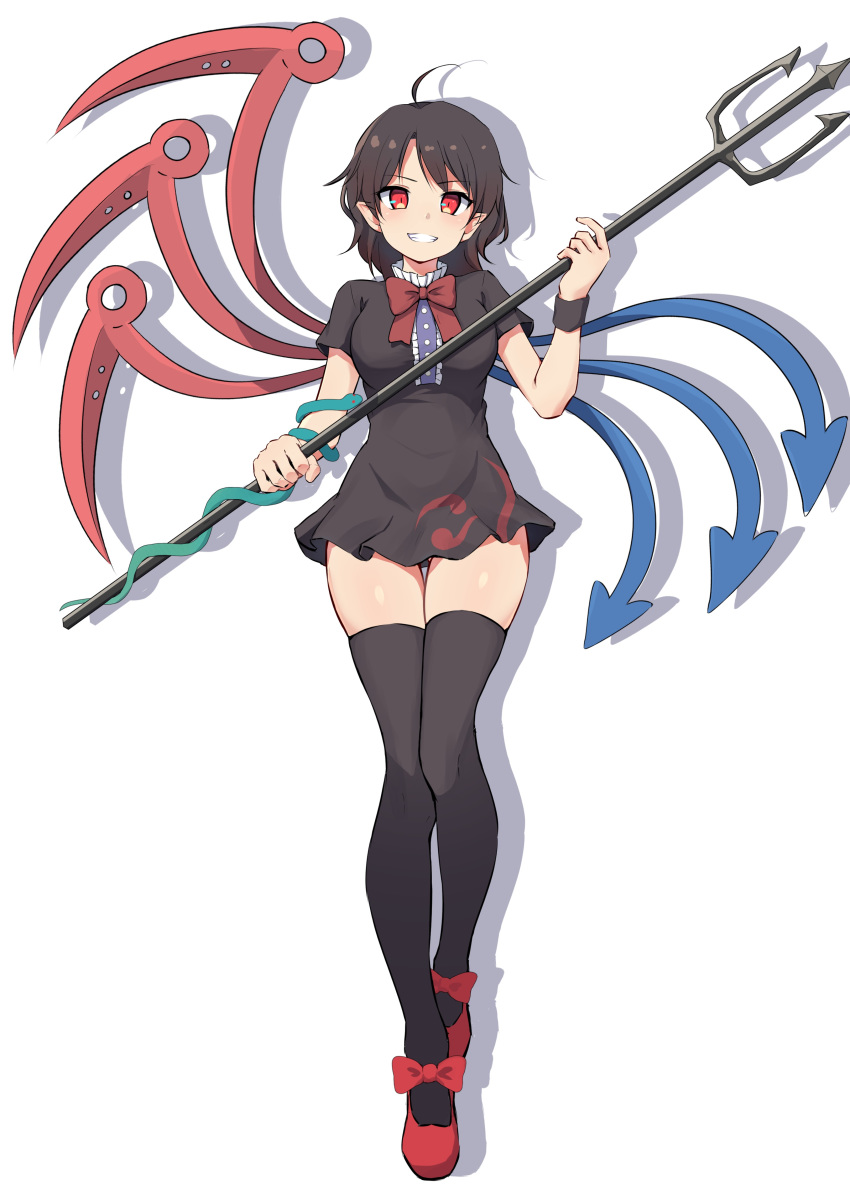 1girl, absurdres, ahoge, asymmetrical_wings, black_dress, black_hair, black_legwear, blue_wings