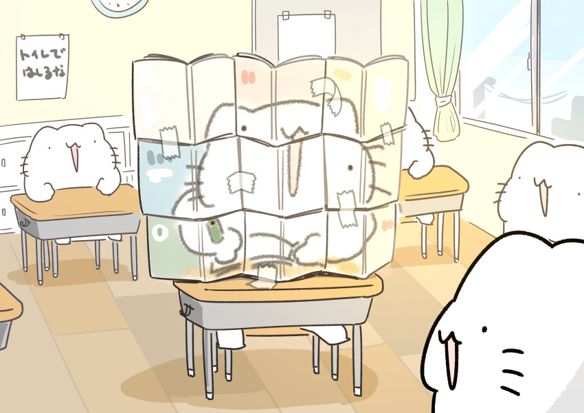 absurdres, book, cat, classroom, clock, commentary, desk, highres