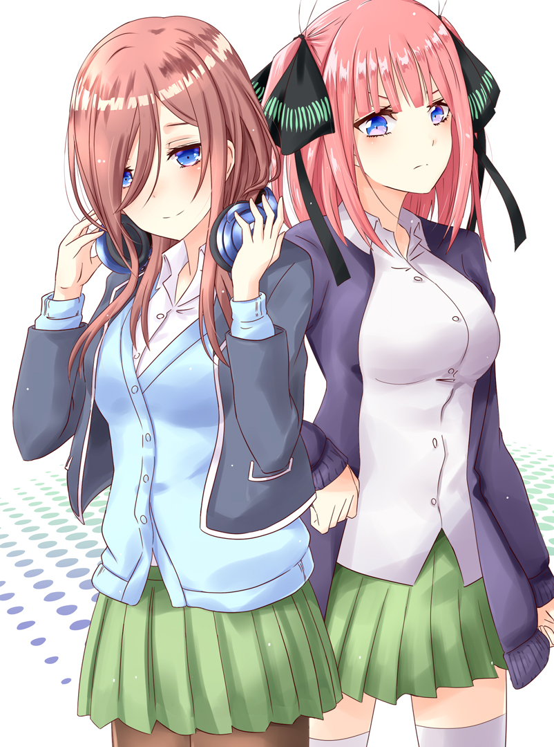 2girls, black_legwear, blue_cardigan, blue_eyes, blue_jacket, breasts, brown_hair, cardigan