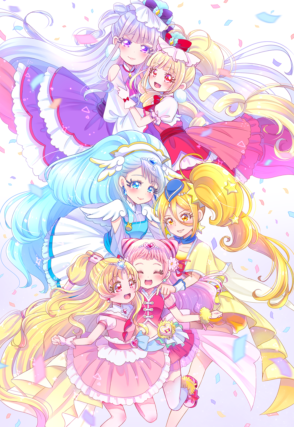 6+girls, :d, blonde_hair, blue_eyes, blue_hair, blue_headwear, bow, closed_eyes