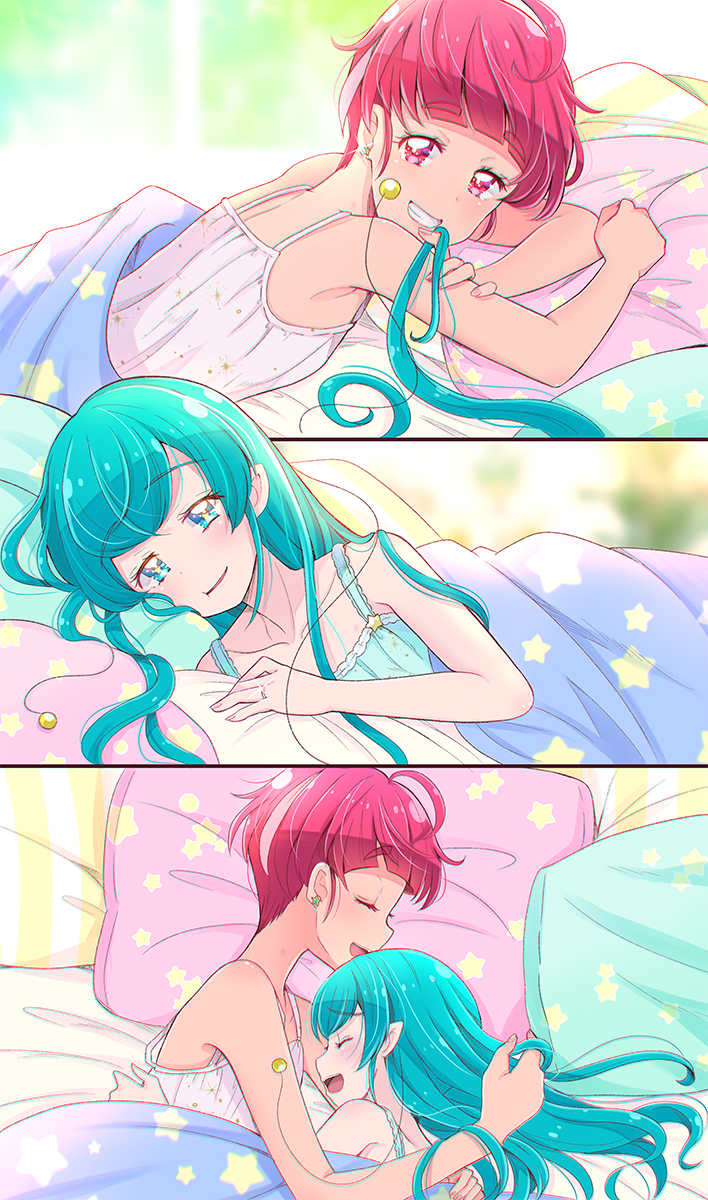 2girls, blue_eyes, blue_hair, blue_tank_top, collarbone, couple, hagoromo_lala, hair_down