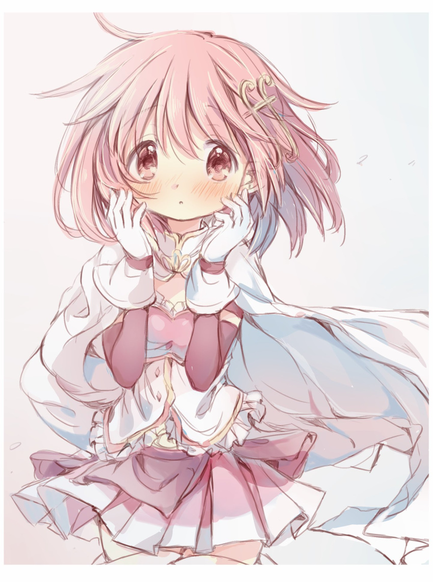 1girl, :o, alternate_color, beige_background, blush, border, breasts, cape