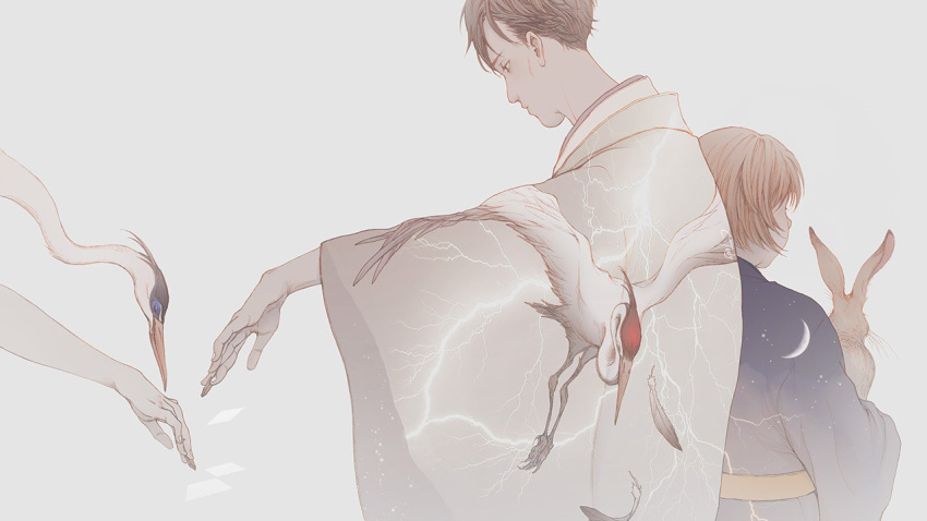 2boys, age_difference, animal, back-to-back, bird, blue_kimono, brown_hair, closed_mouth