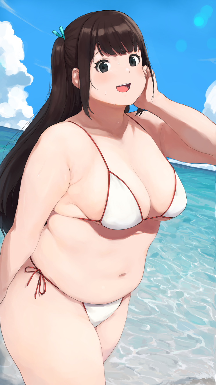 1girl, accio, beach, bikini, blue_sky, breasts, brown_hair, clouds