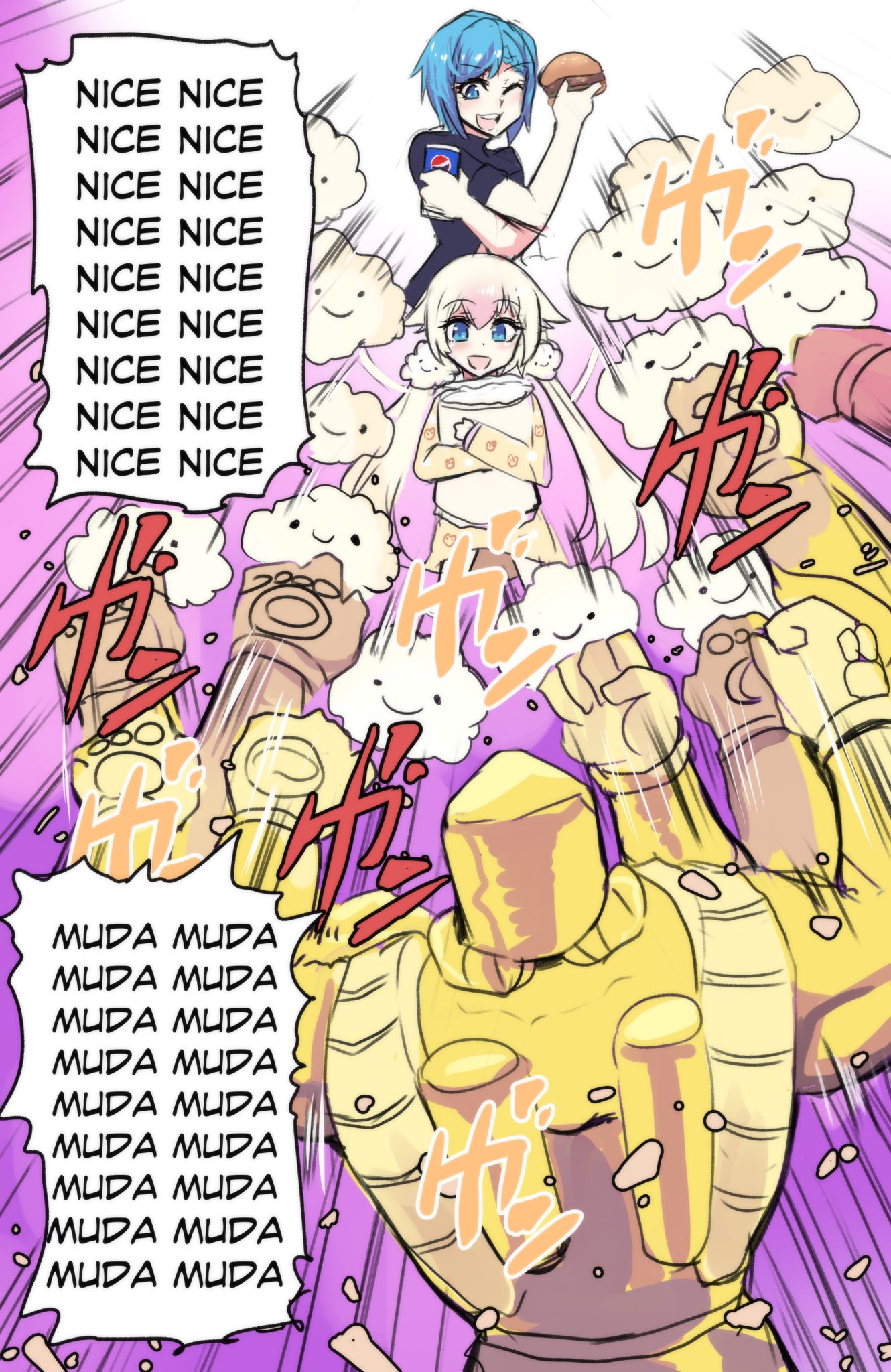 2girls, :d, ;d, battle, blonde_hair, blue_eyes, blue_hair, blush